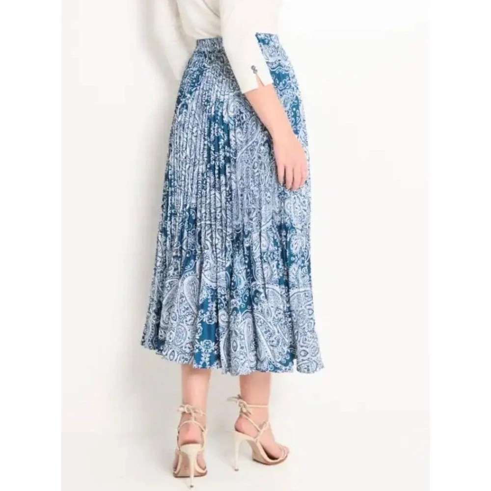 CHICOS Blue White‎ Paisley Pleated Elastic Waist Flowy Midi Maxi Skirt Sz 4/XXL